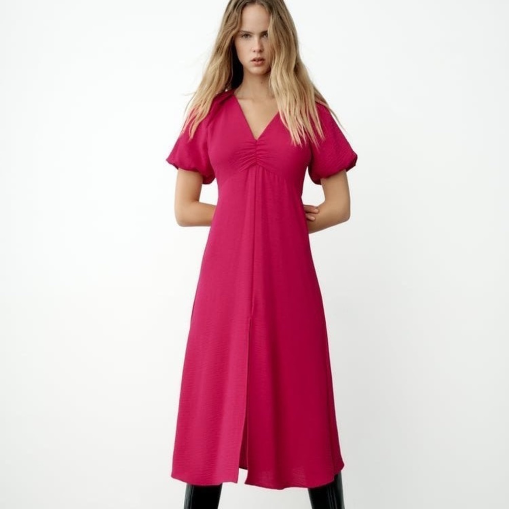 ZARA NEW WOMAN BALLOON SLEEVE DRESS Midi LONG FUCHSIA HOT PINK